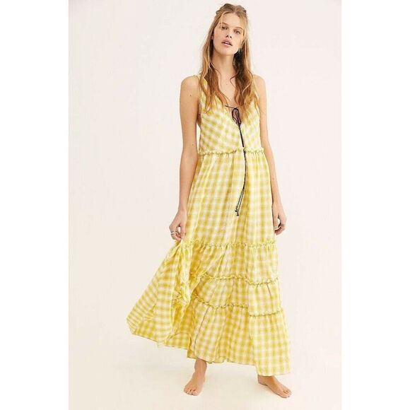 NWT FREE PEOPLE Sz M BEACH CLUB MAXI DRESS GINGHAM PRINTED TIERED MAXI